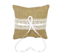 Coussin Oreiller Porteur de Bague Alliance en Jute Vintage Orné de Dentelle et Noeud 20cmx20cm