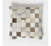 Coussin patchwork en peau véritable - HOMESCAPES - 45 x 45 cm - Multicolore - Gris - Carreaux
