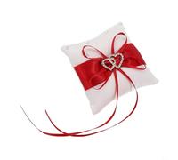 Coussin porte-alliances en satin pour cérémonie de mariage avec motif cœur strass pour mariée et marié Coussin blanc élégant pour décoration de fiançailles ou de réception avec sangle arrière (rouge)