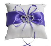 Coussin porte-alliances pour cérémonie de mariage - Blanc - Double cœur avec strass et ruban en satin - 10 cm x 10 cm - Pour décoration de fête de mariage (violet)