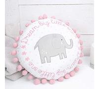 Coussin rond"Dream Big Little One" éléphant avec pompon bébé fille Rose