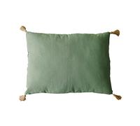Coussin Vert Kaki avec 4 Pompons Jute - Rectangulaire 50x70 cm - 100% Coton certifié Oeko Tex - Oreiller décoratif de qualité - Collection Panama - Enjoy Home