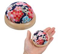Coussins à épingles pour couture avec base en bois, style japonais, coussin rond pour aiguilles à coudre ou loisirs créatifs pour femme, mignon, 7,6 x 4,9 cm, bleu marine avec fleur de cerisier