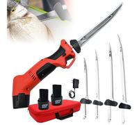 Couteau à Filet Électrique Sans Fil Rechargeable avec 4 Lames Antiadhésives en Ti-Nitride S.S., Vitesse Variable, Verrouillage - 2 Piles Incluses