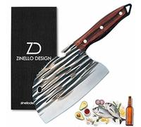Couteau Cuisine Chef Japonais Acier Inoxydable - Couperet Professionnel Manche Bois avec Écailleur Décapsuleur - Zinello Design - Français - Coffret Cadeau