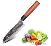 Couteau Cuisine de Chef 18 cm - Couteau Japonais Lame Lame Acier Martele 2.5 mm Robustesse 58 HRC - Professionnel - Manche Bois - Coffret Cadeau Bois
