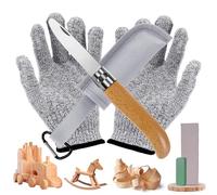 Couteau de sculpture pour enfants à partir de 6 ans - Couteau de poche pliable avec manche en bois - Outil de sculpture - Couteau d'extérieur avec gants résistants aux coupures - Fourreau de couteau