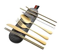 Couteau et Fourchette Ustensiles de camping avec cuillère en acier inoxydable, fourchette, baguettes, paille, étui portable(Gold)