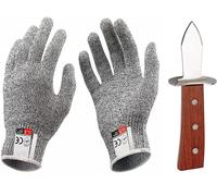Couteau Huitre, Lancette à Huîtres, Couteau avec Manche en Bois et 1 paire de Gants Résistants Aux Coupures(XL), Lame en Acier Inoxydable pour Crustacés et Fruits de Mer
