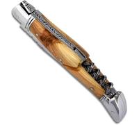 Couteau Laguiole - Manche en bois de genèvrier - avec tire-bouchon et mitres en inox - pliant - fabrication française artisanale