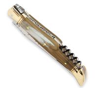 Couteau Laguiole - Manche en corne blonde - avec tire-bouchon et mitres en laiton - pliant - fabrication française artisanale