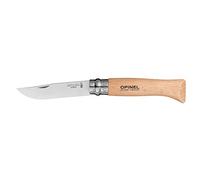 Couteau OPINEL N°8, Acier inoxydable Martensitique, Facilité d'entretien, Résiste à la corrosion, Manche en hêtre vernis incolore, Lame Yatagan de 8,5 cm, Avec bague de double sécurité Virobloc