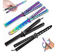 Couteau Papillon d'Entraînement : Ensemble 4 Couteaux Papillon Lame Non Aiguisée avec Peigne Papillon Acier Inoxydable pour l'Entraînement Balisong Idéal pour les Débutants qui Pratiquent les Figures