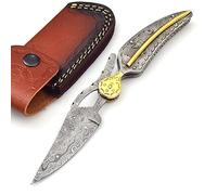 Couteau pliant de style feuille d'acier de Damas fait à la main avec gaine en cuir