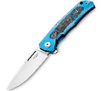 Couteau pliant Lion Steel lame MAGNACUT, Titane BLEU avec incrustation en fibre de carbone Q