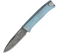 Couteau pliant Lionsteel lame Damas Scrambled, manche et clip en titane BLEU TL D BL