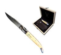Couteau Pliant Tradition Française Type Laguiole - Fait Main - Artisanale - Manche En Os De Chameau - Étui En Cuir - Affuteur et Coffret en Bois - Matériaux Nobles - Idée Cadeau Homme
