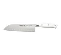 Arcos Couteau Santoku Forgé Japonais pour Couper la Viande, le Poisson et les Légumes - Poignée Ergonomique en Polyoxyméthylène, Lame de 180 mm - Série Riviera Blanc, Couleur Blanche