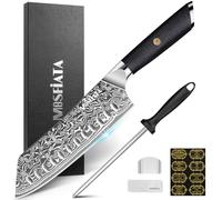 Couteau Santoku japonais Damas 18 cm à lame large, tranchant et résistant | Couteau à viande de cuisine professionnel en acier Damas très tranchant, fourni avec fusil à aiguiser