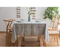 CoutureBridal Bleu Nappe Rectangulaire 140x200cm Coton et Lin Nappe de Jardin Pompon Décoration Imperméable Nappe à Carreaux Nappe Cuisine Picnic Partie - Faite à la Main