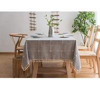 Grise Nappe Carrée 140x140cm Coton et Lin Nappe de Jardin Pompon Décoration Imperméable Nappe à Carreaux Nappe Cuisine Picnic Partie - Faite à la Main