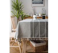 CoutureBridal Grise Nappe Rectangulaire 90x140cm Coton et Lin Nappe de Jardin Pompon Décoration de Table Nappe Anti Tache Imperméable Nappe Cuisine Picnic Partie - Faite à la Main