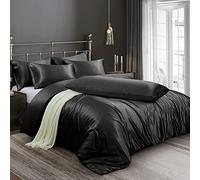 CoutureBridal Housse de Couette 220x240cm + 2 taie d'oreiller 65x65cm Noir Parures de lit Ado Adulte 2 Personne Satin la Soie Lisse Linge de lit