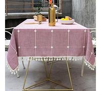 Rose Nappe Rectangulaire 140x240cm Coton et Lin Nappe de Jardin Pompon Décoration Imperméable Nappe à Carreaux Nappe Cuisine Picnic Partie - Faite à la Main