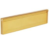 Couvercle de boîte aux lettres STORMGUARD 06SR0310000G avec brosse et rabat pour usage interne ou externe, finition dorée, dimensions extérieures 292 x 75 mm et ouverture intérieure 254 mm x 39 mm