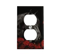 Couvercle de prise de courant cheval noir sur fond de roses rouges, plaque murale standard américaine avec vis - En acier inoxydable résistant à la chaleur et aux chocs - Couvercle de prise duplex