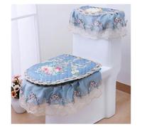 Couvercle de siège de toilettes, Coussin de siège Toilette, 3 pièces/Ensemble Housse d'abattant à Fleurs en Dentelle Champagne avec 2 Couvercles Poche et Couvre-réservoir(Blue)