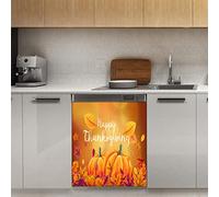 Couvercle magnétique pour lave-vaisselle - Feuilles d'érable - Citrouille d'automne - Inscription Happy Thanksgiving Day - Décoration de porte de réfrigérateur - 58,4 x 66 cm
