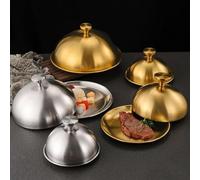 Couvercle pour assiette à steak ronde en acier inoxydable avec couvercle, design résistant à la rouille avec poignée ergonomique pour la cuisine domestique et commerciale (23 cm, doré)