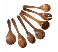 Couvert 7 pièces ustensiles de cuisine en bois ustensile de cuisine bois de teck naturel ustensiles de cuisine outil spatule en bois dur antiadhésif et cuillères en bois Kit Couvert (Coffee, One Size)