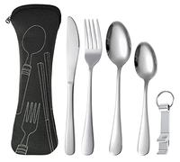 Couvert Camping, Voyage Ensemble Couverts Set 5 Pièces avec 2 Cuillères, Couteau, Fourchette et étui de Transport, Argenterie Vaisselle pour Pique-Nique Randonnée Déplacements, Noir