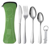 Couvert Camping, Voyage Ensemble Couverts Set 5 Pièces avec 2 Cuillères, Couteau, Fourchette et étui de Transport, Argenterie Vaisselle pour Pique-Nique Randonnée Déplacements, Vert