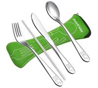 Couvert Enfant, Mignon Acier Inoxydable Couteau Fourchette Cuillere Paille Ensemble Enfant Couverts pour Maison Voyage Pique-nique Camping 4 Pcs