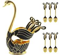 Couverts à café 6 pièces, ensemble de cuillères à dessert avec support décoratif en forme de cygne, cuillère à café en acier inoxydable pour cuillère à café/dessert/crème glacée/gâteau (or noir)