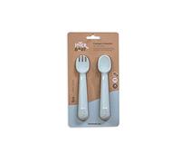 Couverts bébé : cuillère et fourchette en silicone bleu