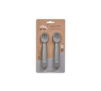 Couverts bébé : cuillère et fourchette en silicone gris