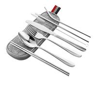 Couverts de Camping Couverts de Voyage 8PCS Ustensile Portable Ensemble de Couvert Adulte Ensemble de Coutellerie en Acier Inoxydable avec Fourchette Couteau Cuillères Brosse Baguettes Sac (Argent)