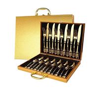 Couverts en acier inoxydable, Élégant service de couverts en acier inoxydable sculpté avec valise dorée - Couverts haut gamme for mariages, anniversaires, restaurants et hôtels(24 piece)