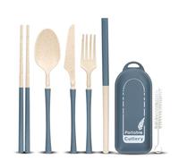 Couverts Portables, Couverts de Voyage et de Camping, Couverts de Cuisine et de Pique-nique, Couteau, Fourchette, Cuillère, Baguettes, Vaisselle en Paille avec Étui et Brosse pour Voyage, Camping et
