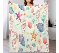 Couverture, 130 X 150 Cm, Douce, Moelleuse, Chaude, Confortable, Parfaite Pour Canapé, Lit, Sofa - Avec Coquillages, Étoiles Mer Et Hippocampes - Couverture En Flanelle Vie Marine Vert Menthe