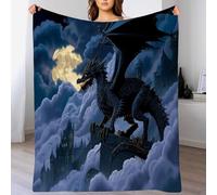 Couverture 200 x 200cm, Flanelle Plaid Polaire Animaux fantastiques, Couverture Enfant Dragon Noir, Lune Impression Blanket Jeté de Canapé Bleu foncé