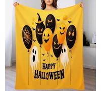 Couverture 3DBallons, fantômes et Texte Plaid 220 x 240cm Halloween Couverture en Flanelle L'automne, Couvertures et Plaids Chaude et Douillet, pour Canapé lit et Chaise Jaune