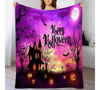 Couverture 3DMotifs de Maisons hantées et de citrouilles Plaid 200 x 200cm Halloween Couverture en Flanelle L'automne, Couvertures et Plaids Chaude et Douillet, pour Canapé lit et Chaise Violet