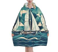 Couverture à capuche en flanelle douce anti-boulochage pour adulte avec capuche et poche Motif bateau à voile océan
