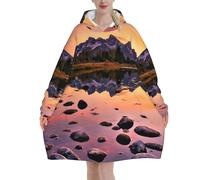 Couverture à capuche en flanelle imprimée Mountain View At Sunrise, couverture surdimensionnée pour adultes, sweat à capuche portable avec poche pour adolescents, Noir , 320g flannel