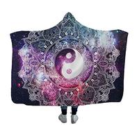 Couverture à Capuche Mandala Exotique Marocain Pourpre Ciel Etoilé Fantastique La Lune Plume Lotus Boho Chaud Confortable Peluche Couverture Bohemia Canapé-Lit Jeter (Yin et Yang, 50 x 60 pouces)